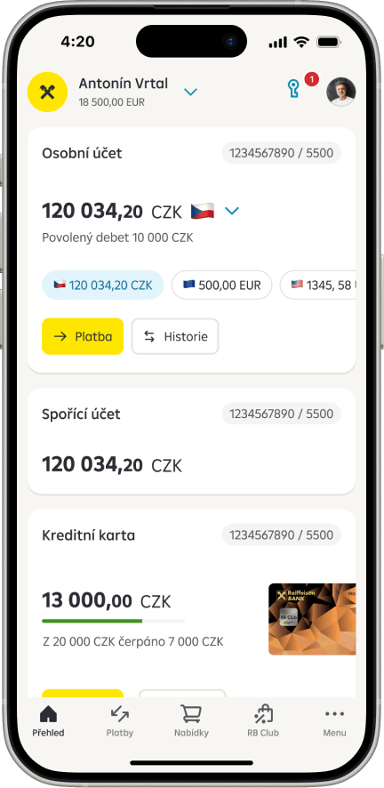 Nastavení tarifu běžného účtu Screen - Dashboard