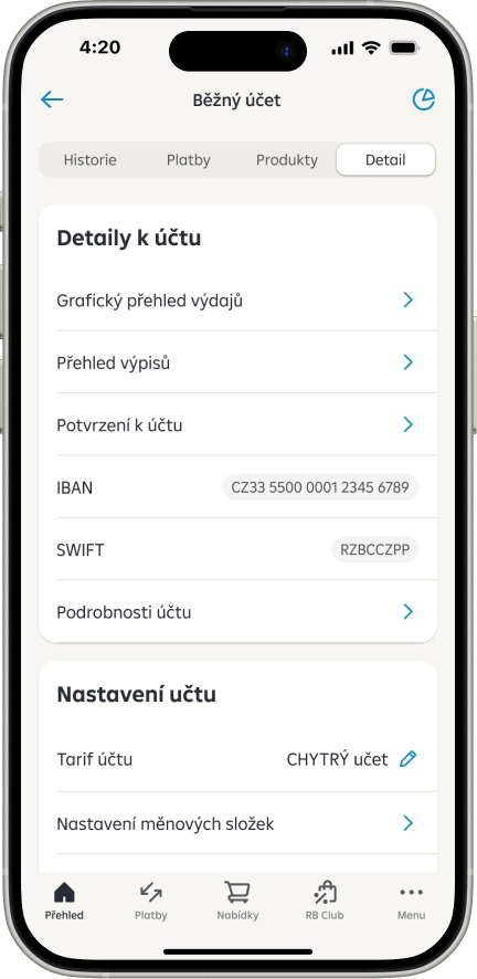 Nastavení tarifu běžného účtu Screen - Detail účtu