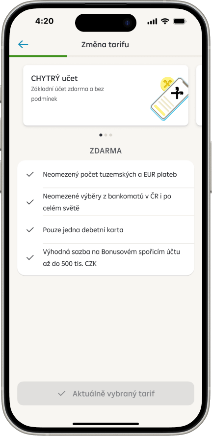 Nastavení tarifu běžného účtu Screen - Tarif