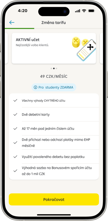 Nastavení tarifu běžného účtu Screen - Změna tarifu