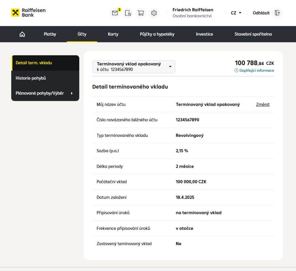 Screen prvního kroku zrušení revolvingového termínovanho vkladu v internetovm bankovnictví