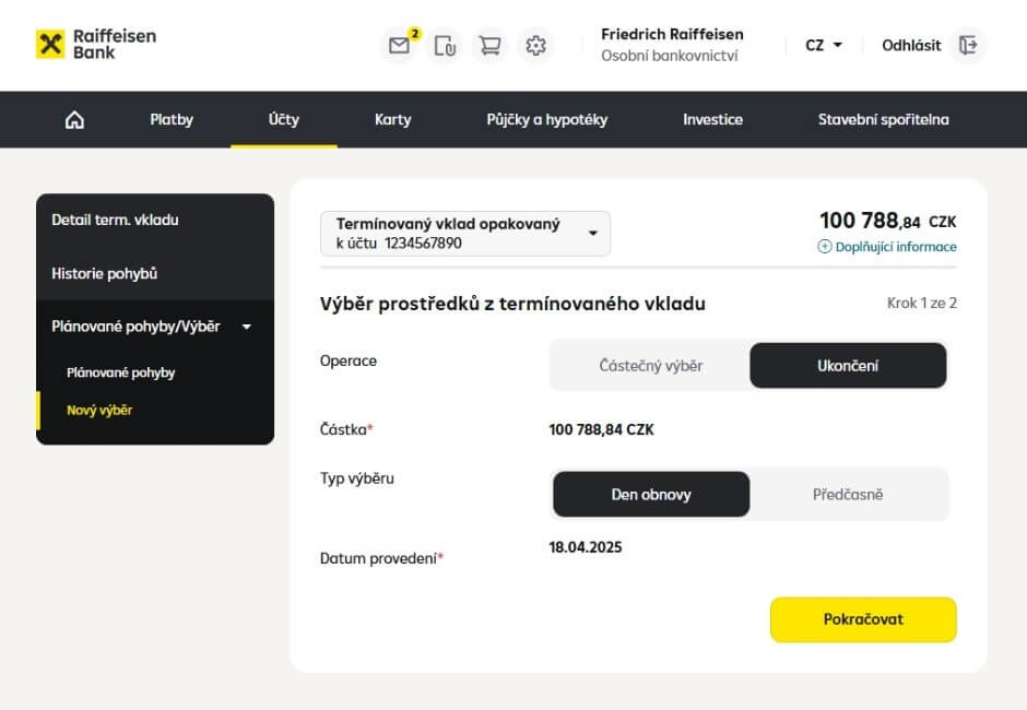 Screen druhéo kroku zrušení revolvingového termínovanho vkladu v internetovm bankovnictví