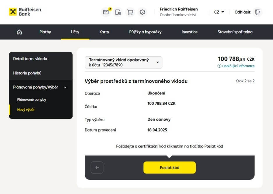 Screen třetího kroku zrušení revolvingového termínovanho vkladu v internetovm bankovnictví