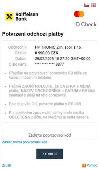 3D Secure screen z mobilního bankovnictví