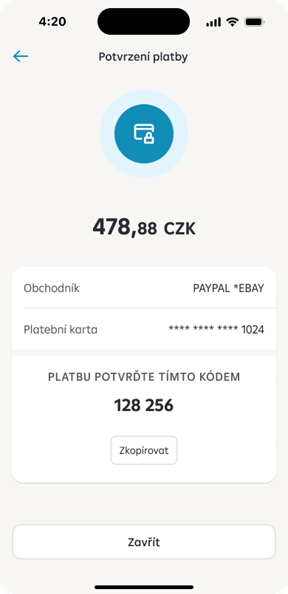 3D Secure screen z mobilního bankovnictví