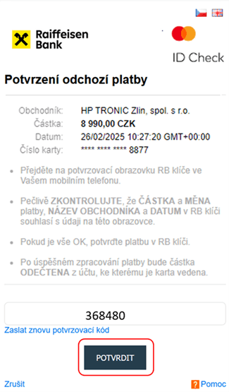 3D Secure screen z mobilního bankovnictví