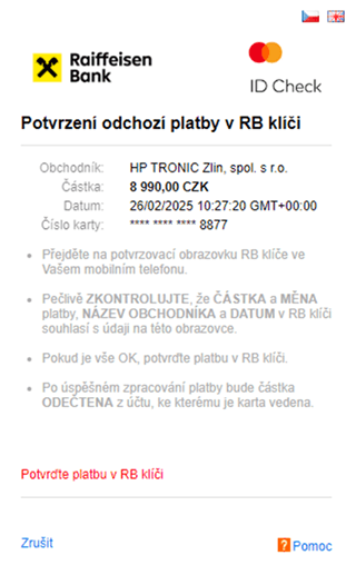 3D Secure screen z mobilního bankovnictví