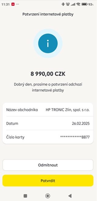 3D Secure screen z mobilního bankovnictví